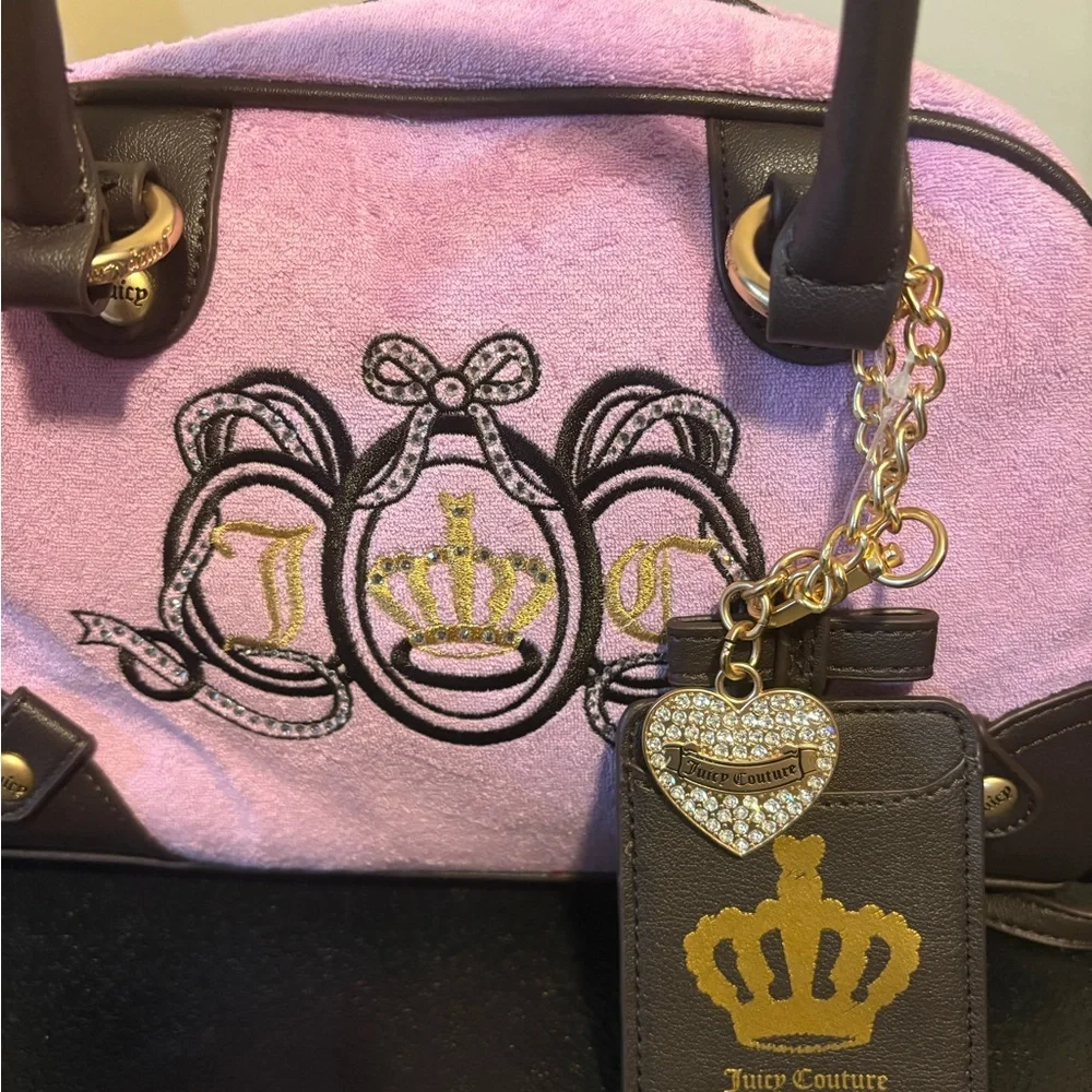 NWT Juicy Couture Velour Bowler Bag Purple & Brown Rhinestone Crown - Picture 4 of 5